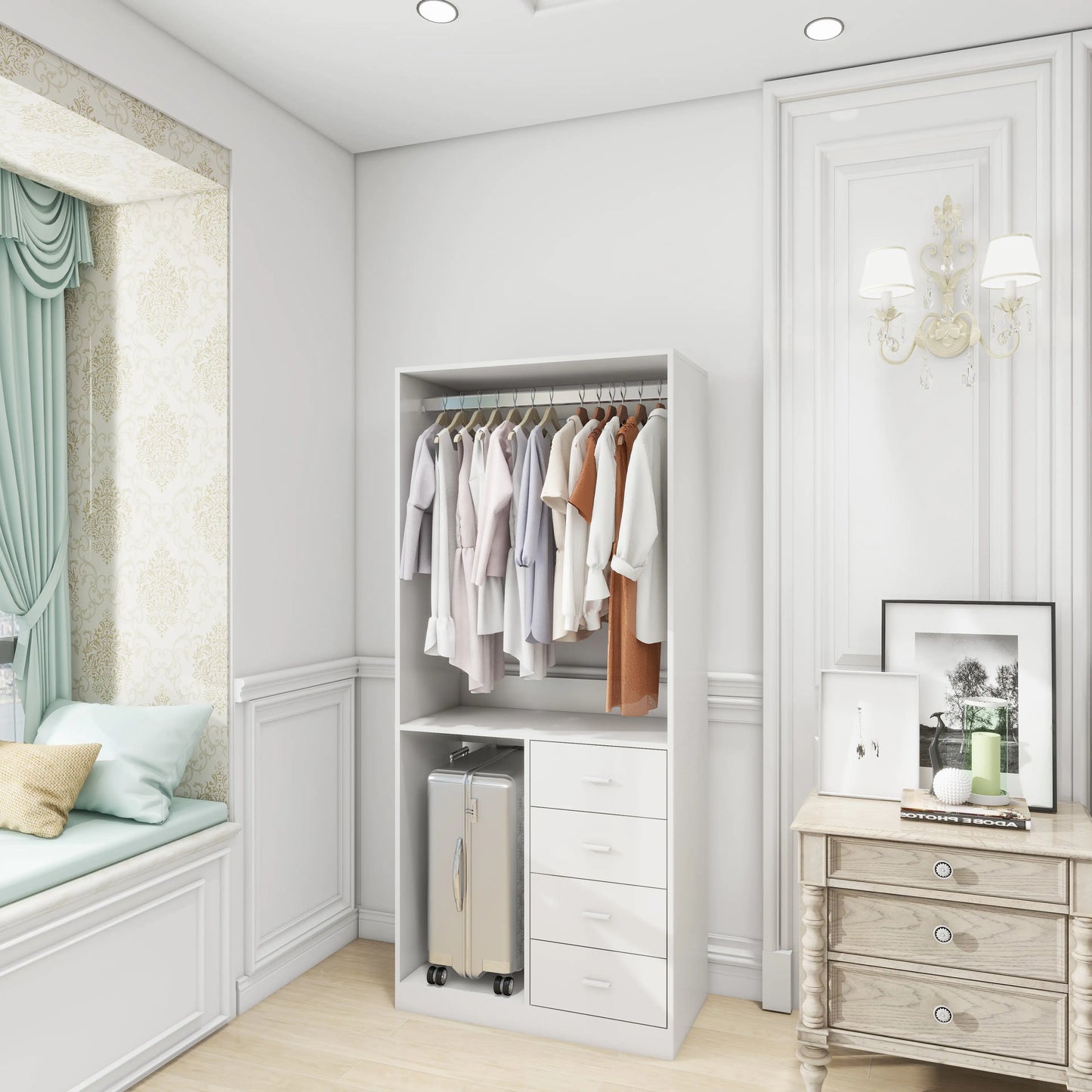 White Wood Closet System Storage Stand-Alone Wardrobe