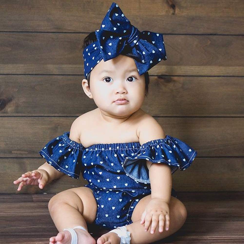 Newborn Kids Baby Girls Clothes Floral Jumpsuit Romper Playsuit + Headband Outfits (Blue Striped, 0-6 Months)