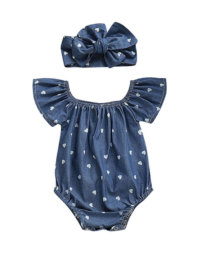 Newborn Kids Baby Girls Clothes Floral Jumpsuit Romper Playsuit + Headband Outfits (Blue Striped, 0-6 Months)