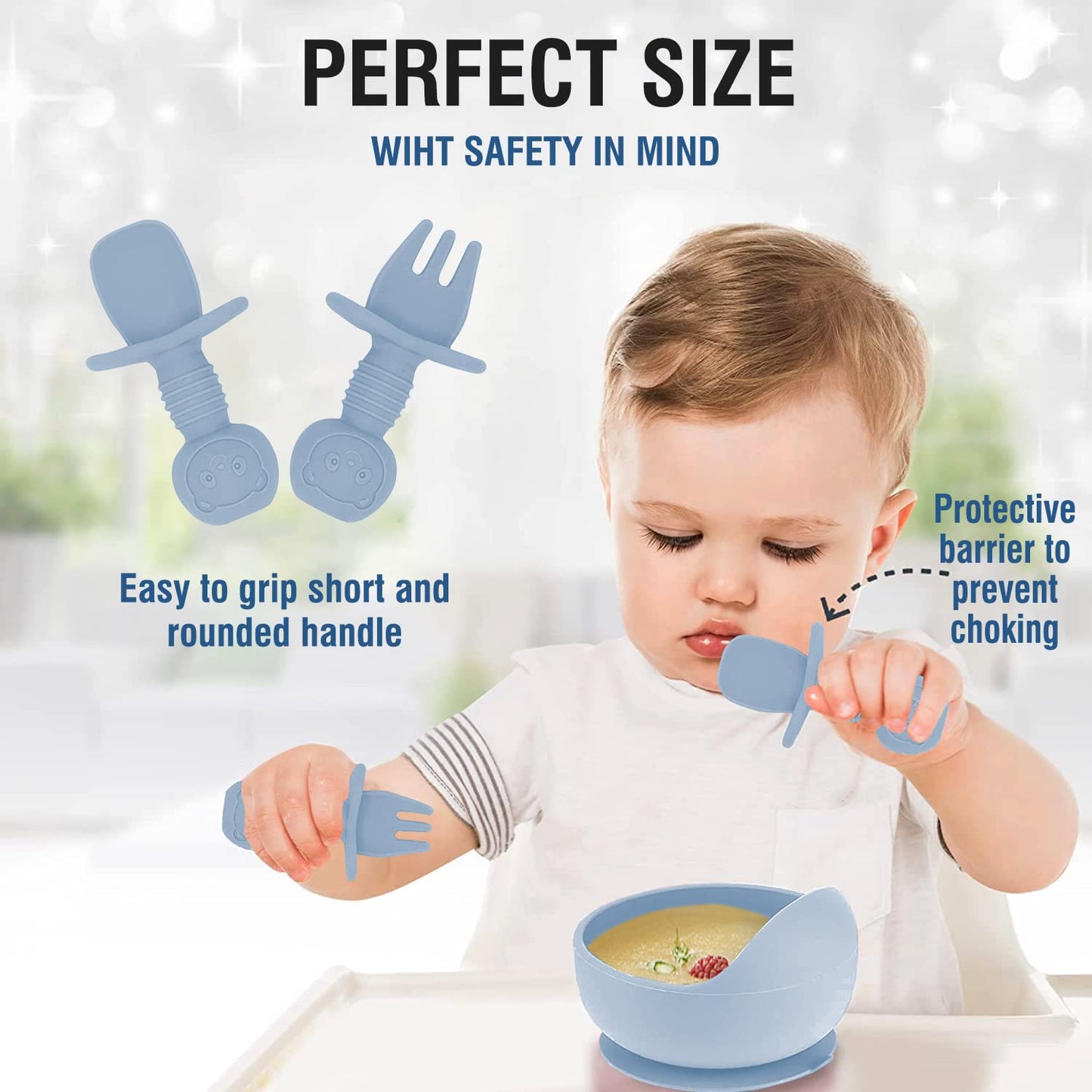 Hoidokly Baby Feeding Set, 8 Pcs Silicone Baby Led Weaning Supplies Includes Cup Baby Plate, Bowl, Adjustable Bib, Cup, Spoon and Fork,BPA Free Baby Weaning Utensils Set for 6+ Months-GrayBlue