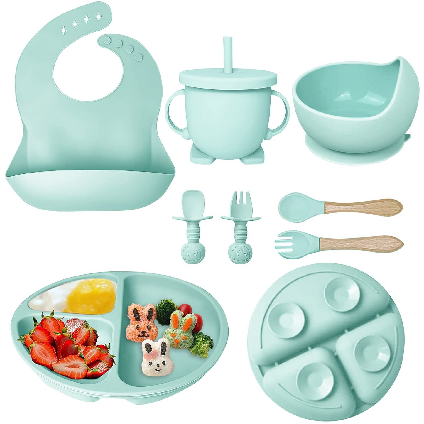 Hoidokly Baby Feeding Set, 8 Pcs Silicone Baby Led Weaning Supplies Includes Cup Baby Plate, Bowl, Adjustable Bib, Cup, Spoon and Fork,BPA Free Baby Weaning Utensils Set for 6+ Months-GrayBlue