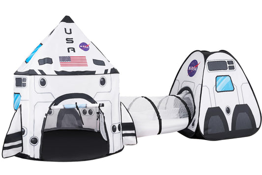 JOYIN White Rocket Ship Pop up Play Tent with Tunnel and Playhouse Kids Indoor Outdoor Spaceship Tent Set