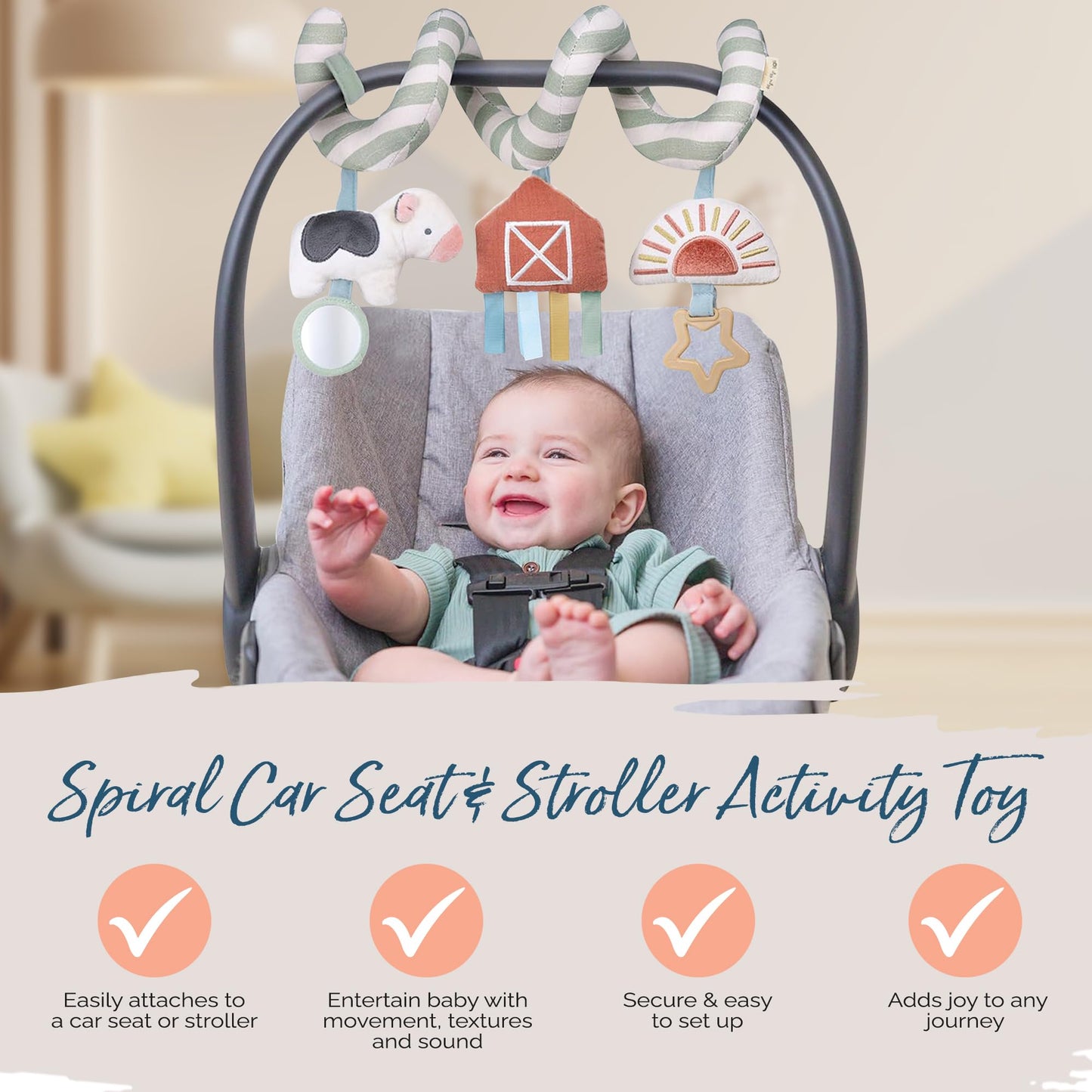 Itzy Ritzy Spiral Car Seat & Stroller Activity Toy - Stroller & Car Seat Toys for Ages 0 Months and Up - Hanging Toys Include Clinking Rings, Mirror and Textured Ribbons (Rainbow)