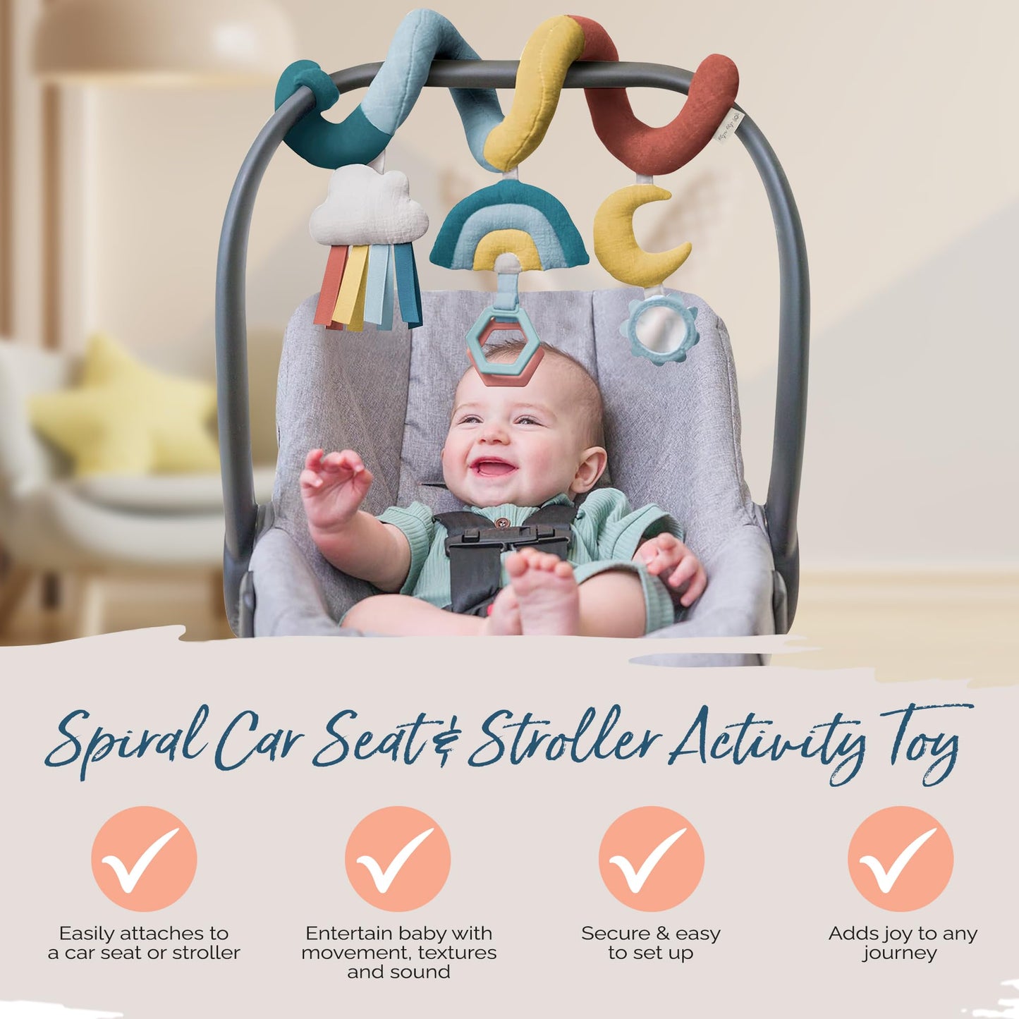 Itzy Ritzy Spiral Car Seat & Stroller Activity Toy - Stroller & Car Seat Toys for Ages 0 Months and Up - Hanging Toys Include Clinking Rings, Mirror and Textured Ribbons (Rainbow)