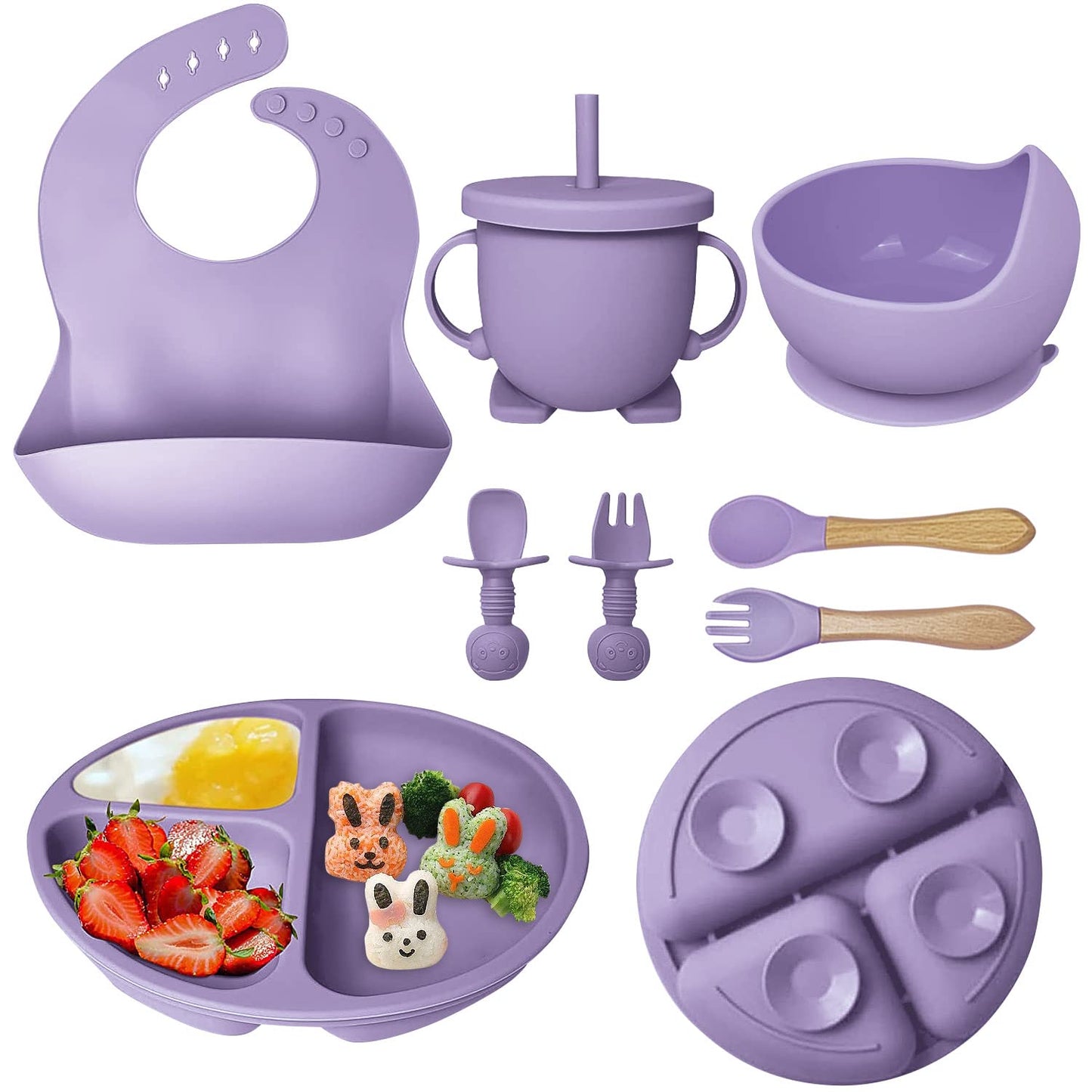 Hoidokly Baby Feeding Set, 8 Pcs Silicone Baby Led Weaning Supplies Includes Cup Baby Plate, Bowl, Adjustable Bib, Cup, Spoon and Fork,BPA Free Baby Weaning Utensils Set for 6+ Months-GrayBlue