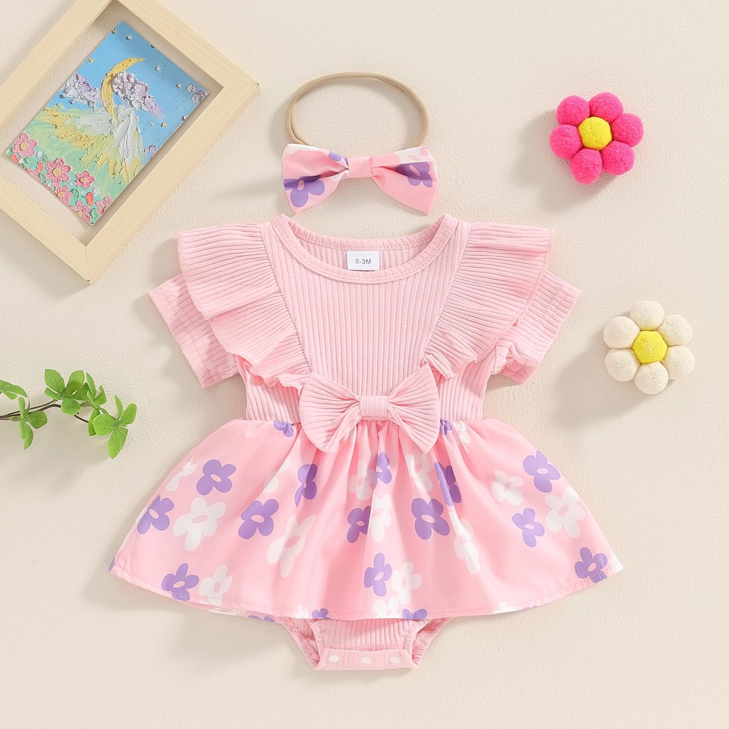 Newborn Kids Baby Girls Clothes Floral Jumpsuit Romper Playsuit + Headband Outfits (Blue Striped, 0-6 Months)