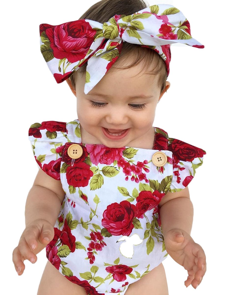 Newborn Kids Baby Girls Clothes Floral Jumpsuit Romper Playsuit + Headband Outfits (Blue Striped, 0-6 Months)