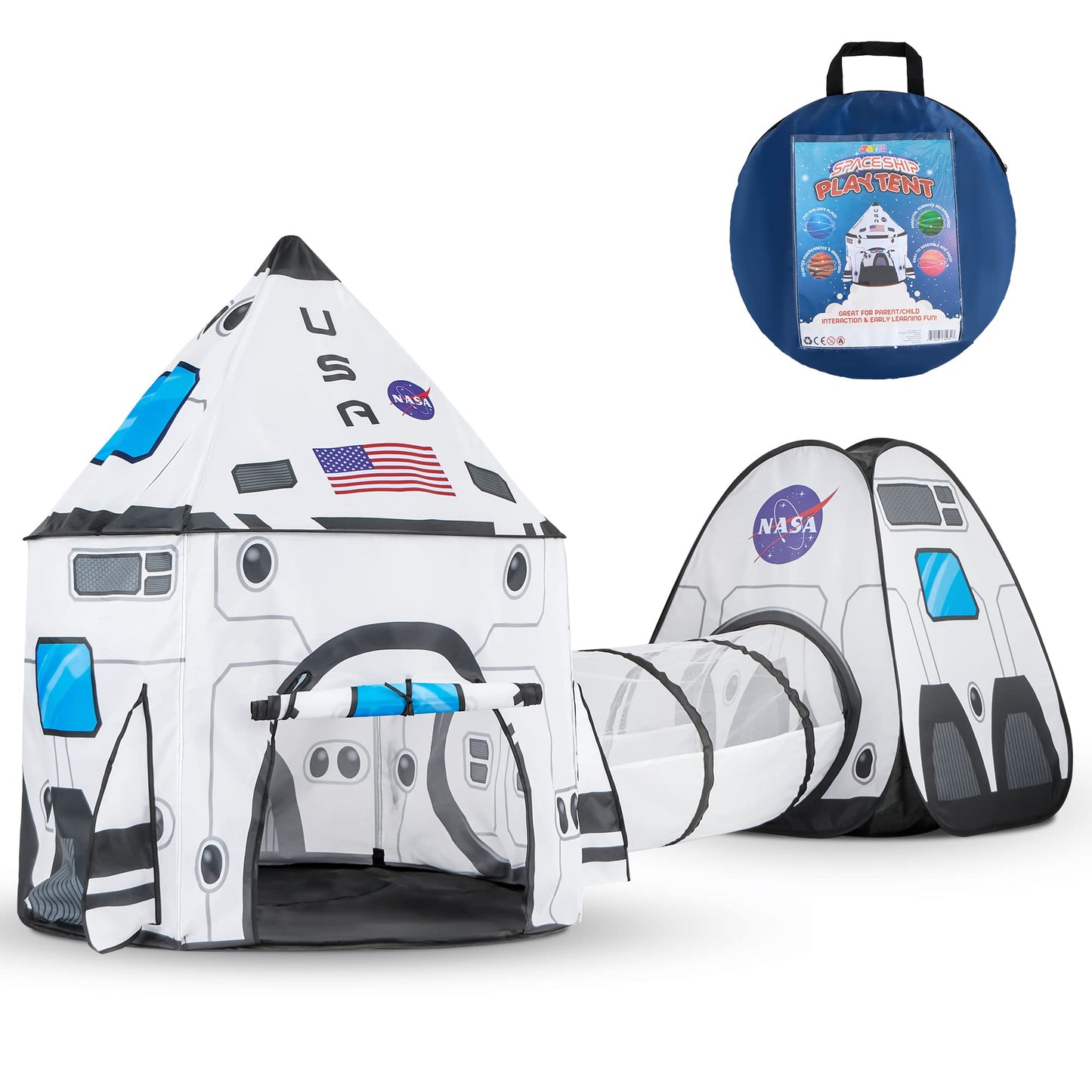 JOYIN White Rocket Ship Pop up Play Tent with Tunnel and Playhouse Kids Indoor Outdoor Spaceship Tent Set