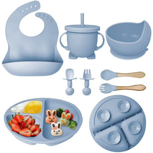 Hoidokly Baby Feeding Set, 8 Pcs Silicone Baby Led Weaning Supplies Includes Cup Baby Plate, Bowl, Adjustable Bib, Cup, Spoon and Fork,BPA Free Baby Weaning Utensils Set for 6+ Months-GrayBlue