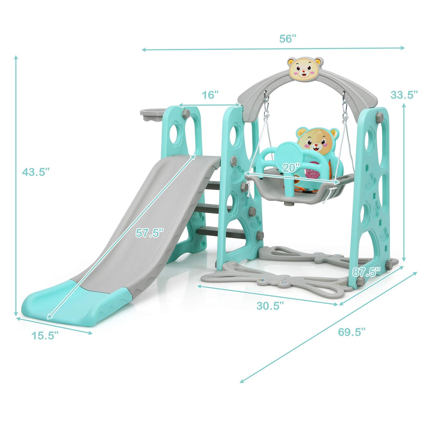 Costzon 4 in 1 Toddler Slide and Swing Set, Castle Indoor Outdoor Baby Swing with Slide, Swing, Climber, Basketball Hoop and Ball, Kids Climber Playground Playset for Boys Girls Age 1+ Gifts Presents