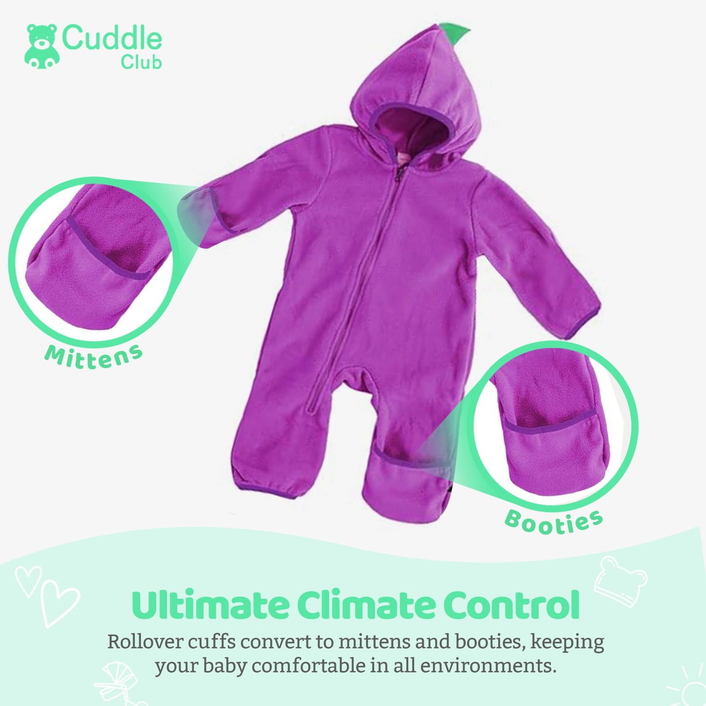 Fleece Baby Bunting Bodysuit – Infant One Piece Kids Hooded Romper Outerwear Toddler Jacket Bear - Purple 12-18 Months