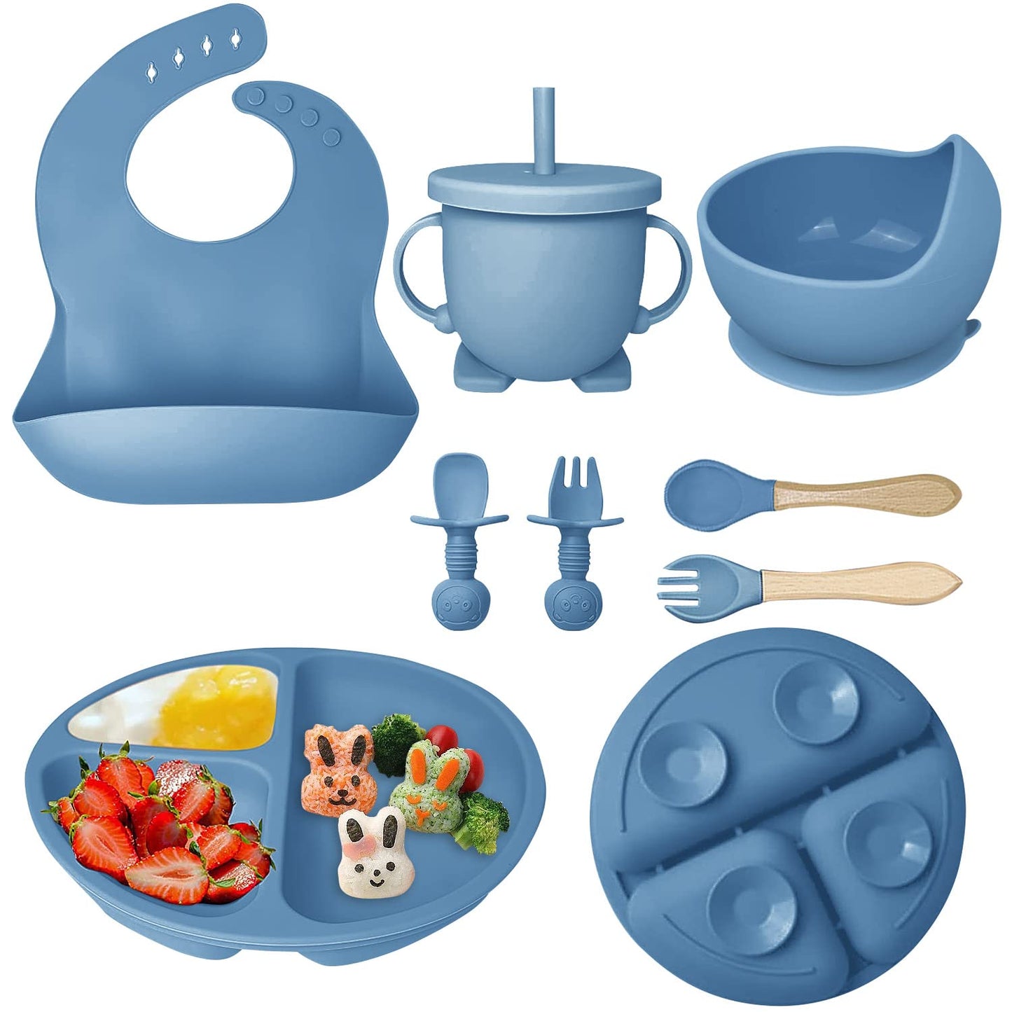 Hoidokly Baby Feeding Set, 8 Pcs Silicone Baby Led Weaning Supplies Includes Cup Baby Plate, Bowl, Adjustable Bib, Cup, Spoon and Fork,BPA Free Baby Weaning Utensils Set for 6+ Months-GrayBlue