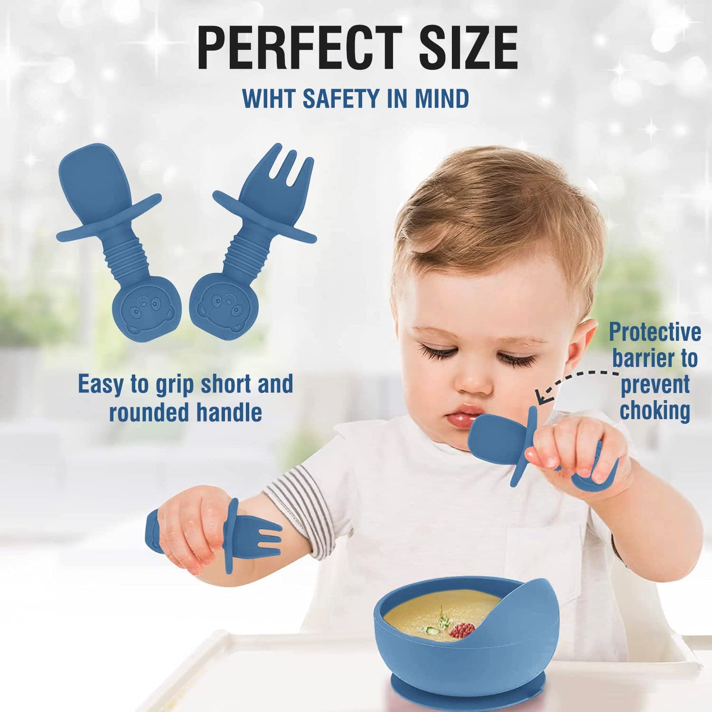 Hoidokly Baby Feeding Set, 8 Pcs Silicone Baby Led Weaning Supplies Includes Cup Baby Plate, Bowl, Adjustable Bib, Cup, Spoon and Fork,BPA Free Baby Weaning Utensils Set for 6+ Months-GrayBlue