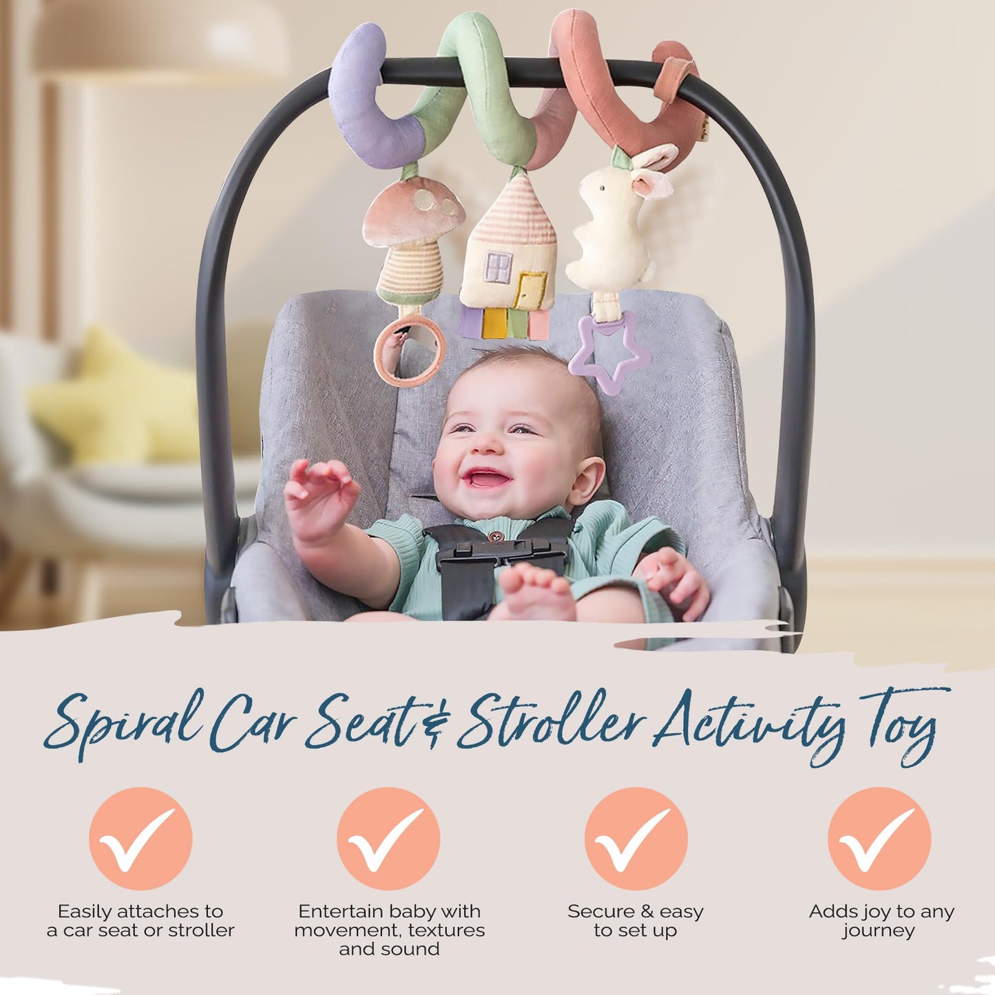 Itzy Ritzy Spiral Car Seat & Stroller Activity Toy - Stroller & Car Seat Toys for Ages 0 Months and Up - Hanging Toys Include Clinking Rings, Mirror and Textured Ribbons (Rainbow)