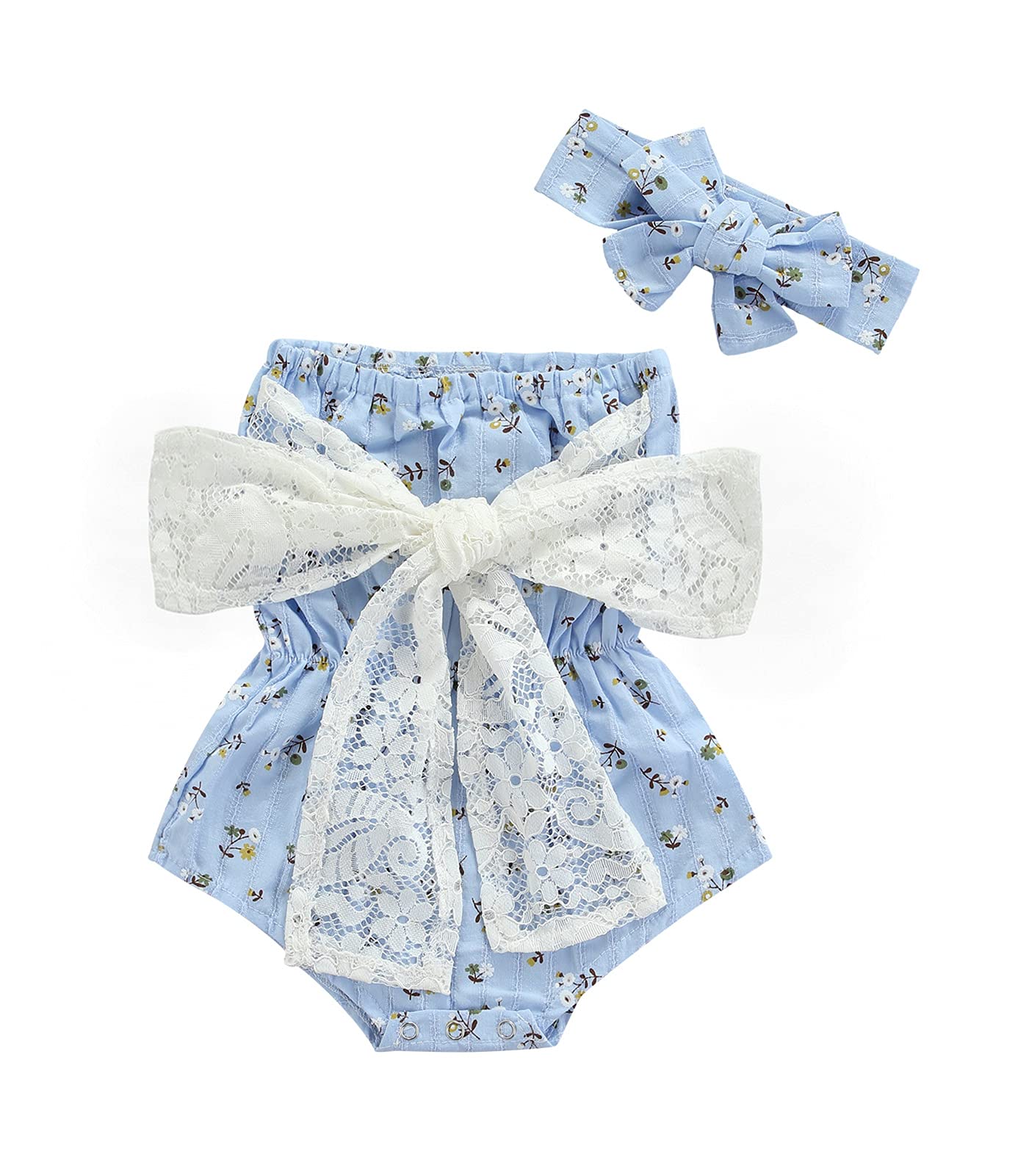 Newborn Kids Baby Girls Clothes Floral Jumpsuit Romper Playsuit + Headband Outfits (Blue Striped, 0-6 Months)