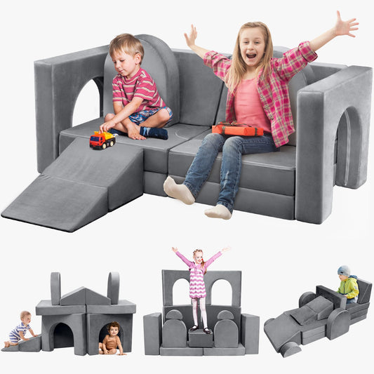 Aukdin Kids Couch 14PCS Modular Play Couch for Toddler Kids Playroom Bedroom, Nugget Couch Kids Boost Creativing Playing Sleeping Reading for Boys Girls Teens (Grey)