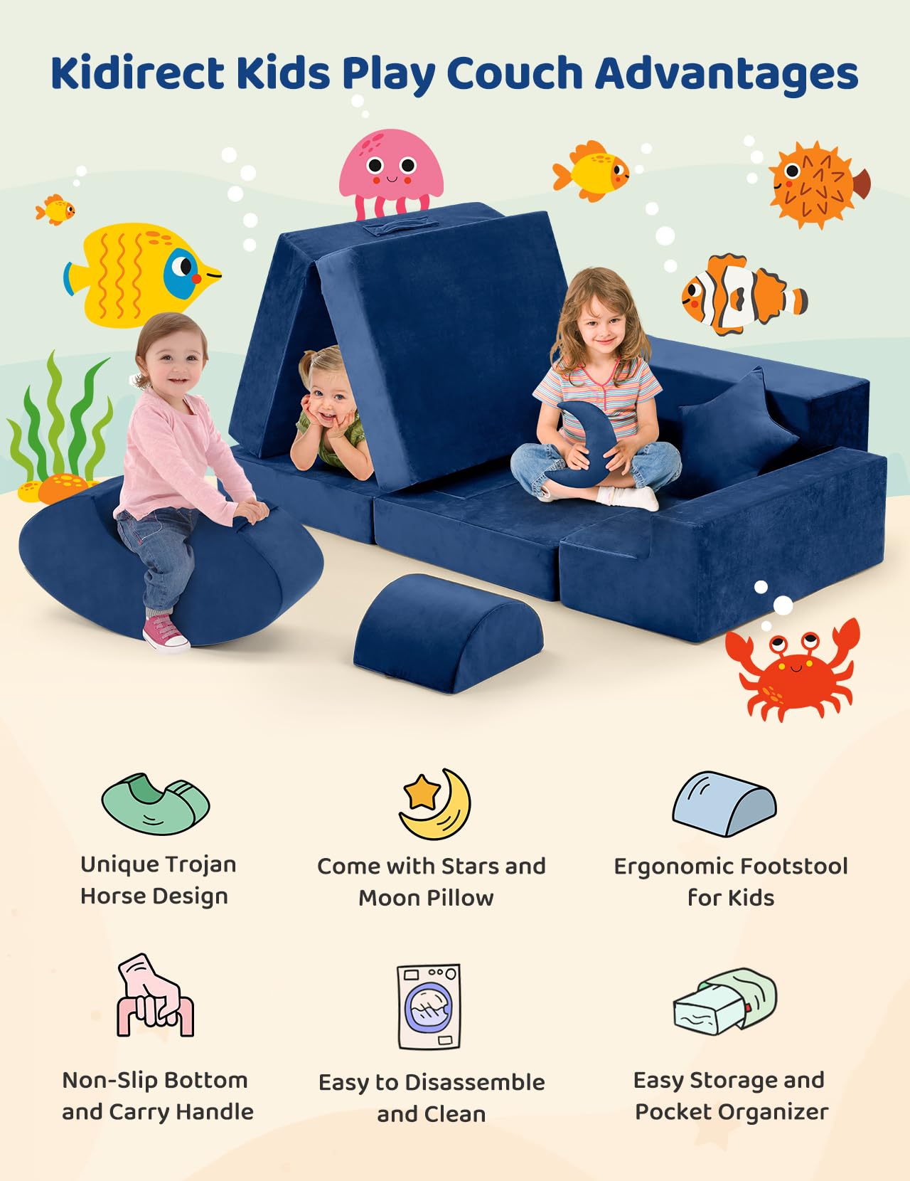 Modular Kids Play Couch, Kidirect K12 PRO DIY 400+ Creative Kids Couch for Playroom, Upgraded Play Couch Convertible Rocking Horse, Sectional Kids Sofa Couch with Star Moon for Kids and Toddlers(Grey)