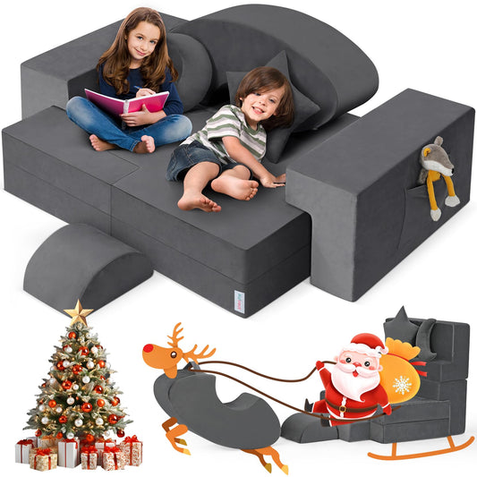 Modular Kids Play Couch, Kidirect K12 PRO DIY 400+ Creative Kids Couch for Playroom, Upgraded Play Couch Convertible Rocking Horse, Sectional Kids Sofa Couch with Star Moon for Kids and Toddlers(Grey)