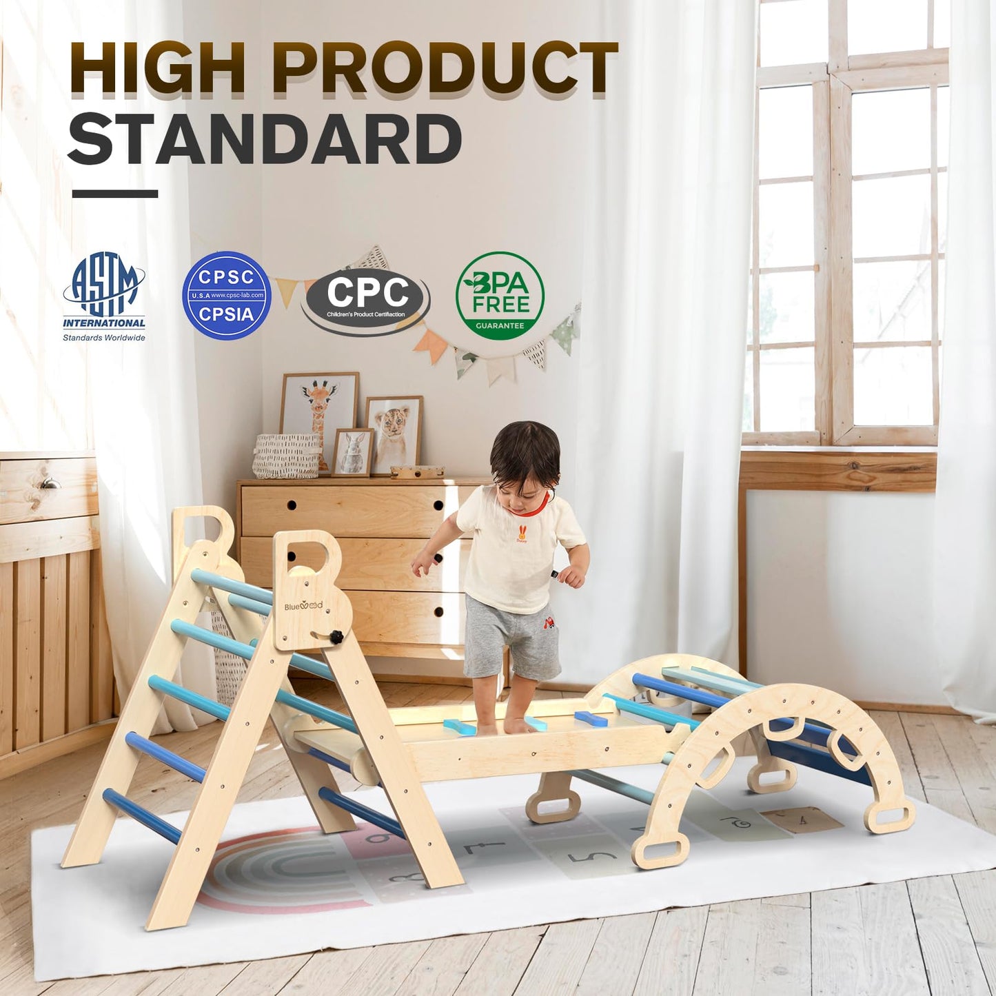 BlueWood Pikler Triangle Set 7in1 Foldable Baby Climbing Toys Wooden Montessori Climbing Set with Arch&Ramp&Ladder Baby Climber Indoor Jungle Gyms for Toddlers Montessori Toys - Rainbow