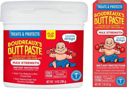 Boudreaux's Butt Paste Maximum Strength Diaper Rash Cream, Ointment for Baby, 2 oz Tube & 14 oz Jar