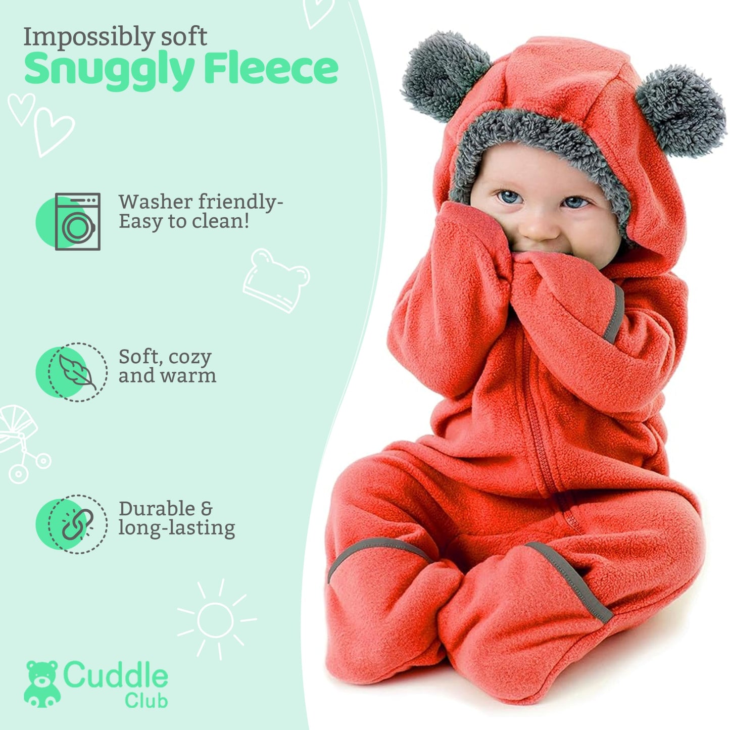 Fleece Baby Bunting Bodysuit – Infant One Piece Kids Hooded Romper Outerwear Toddler Jacket Bear - Purple 12-18 Months