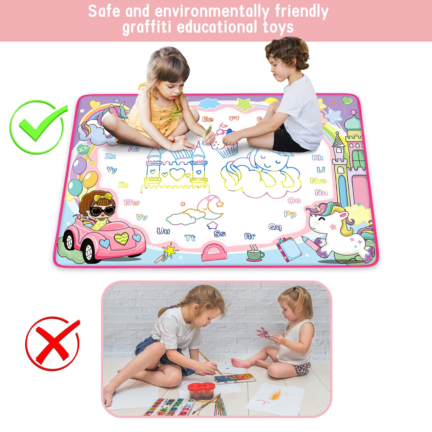 Water Doodle Mat - Kids Painting Writing Color Doodle Drawing Mat Toy Bring Magic Pens Educational Toys for Age 2 3 4 5 6 7 Year Old Girls Boys Age Toddler Gift