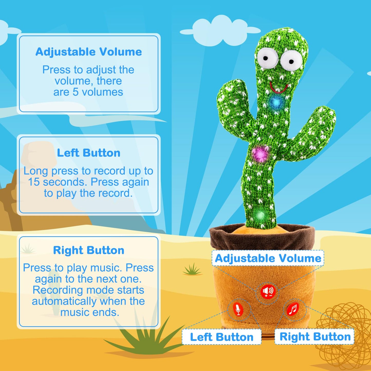 Ayeboovi Dancing Talking Cactus Baby Toy, Mimicking Recording Cactus Toy Repeats What You Say, Singing 120 Songs Toddler Toys Gifts for Birthday Pranks for Kids Autism Toys for 3 4 5 6+ Year Olds