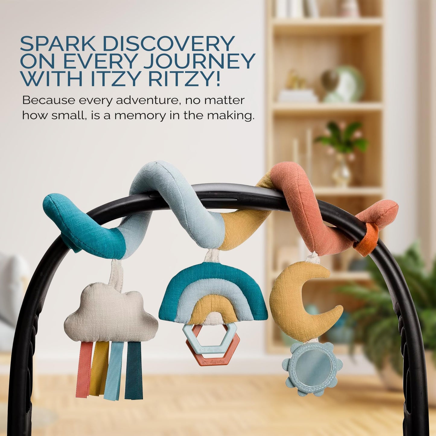 Itzy Ritzy Spiral Car Seat & Stroller Activity Toy - Stroller & Car Seat Toys for Ages 0 Months and Up - Hanging Toys Include Clinking Rings, Mirror and Textured Ribbons (Rainbow)