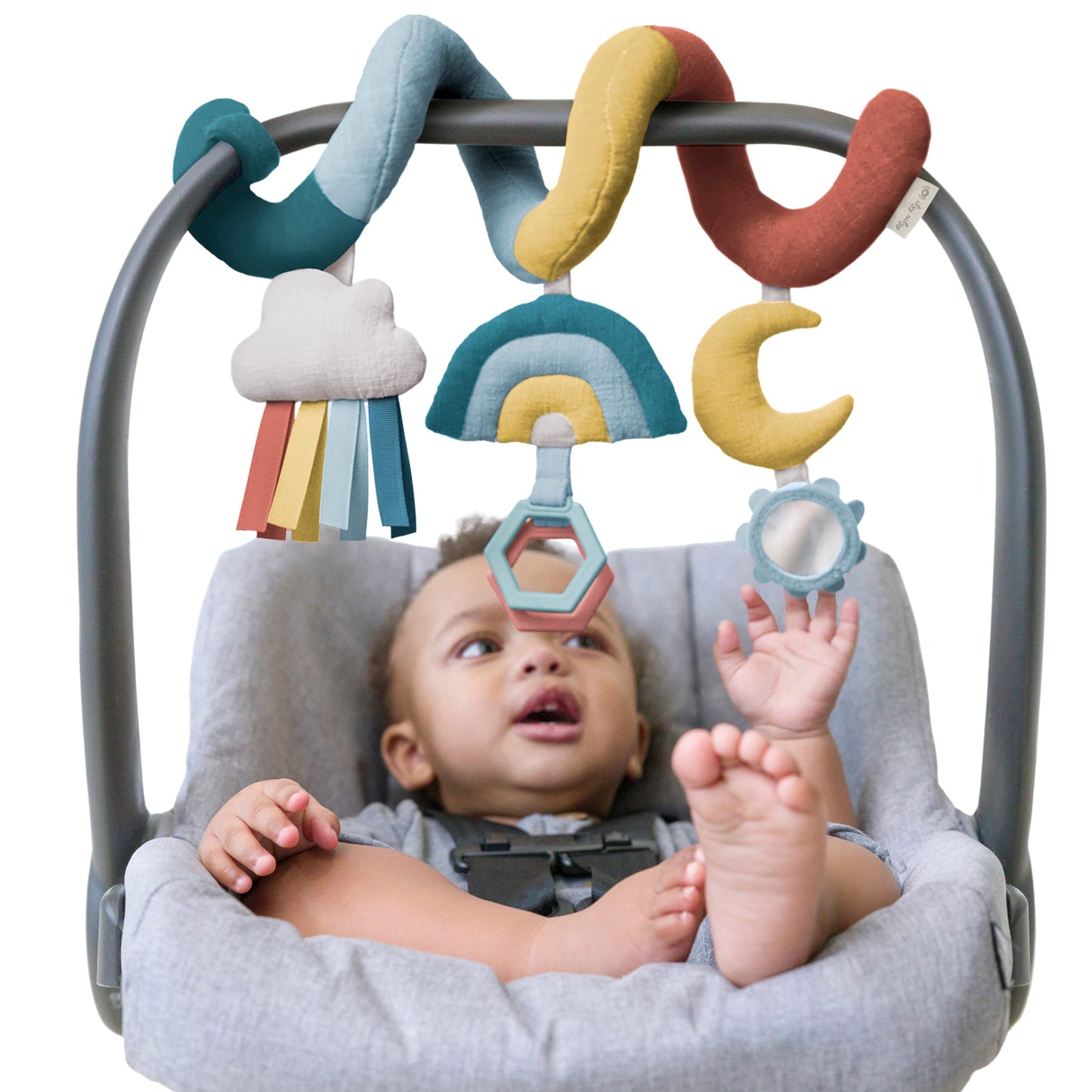 Itzy Ritzy Spiral Car Seat & Stroller Activity Toy - Stroller & Car Seat Toys for Ages 0 Months and Up - Hanging Toys Include Clinking Rings, Mirror and Textured Ribbons (Rainbow)