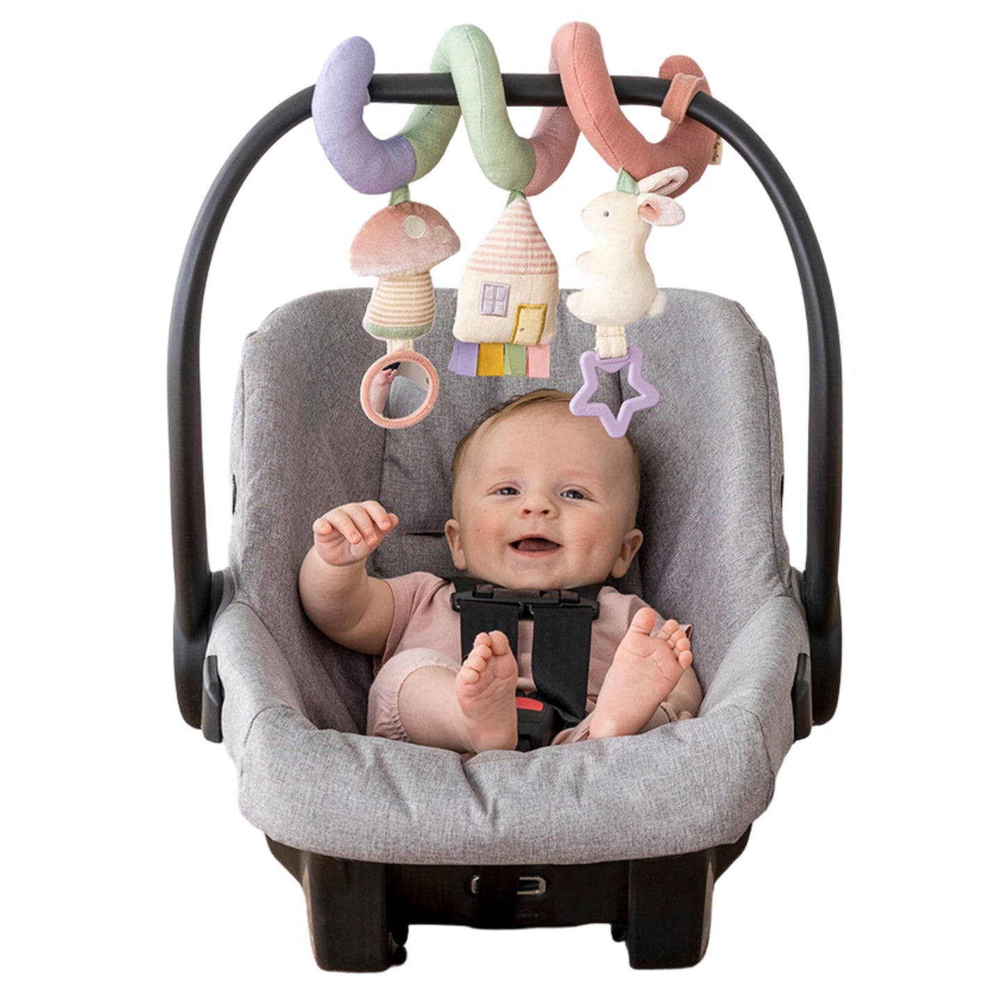 Itzy Ritzy Spiral Car Seat & Stroller Activity Toy - Stroller & Car Seat Toys for Ages 0 Months and Up - Hanging Toys Include Clinking Rings, Mirror and Textured Ribbons (Rainbow)