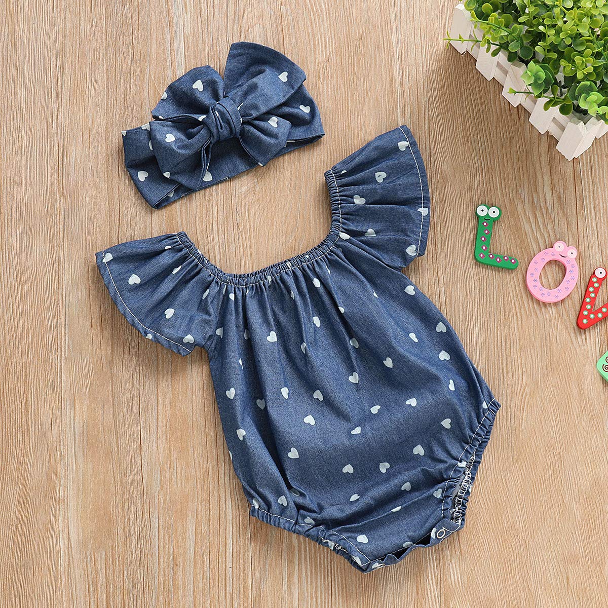 Newborn Kids Baby Girls Clothes Floral Jumpsuit Romper Playsuit + Headband Outfits (Blue Striped, 0-6 Months)