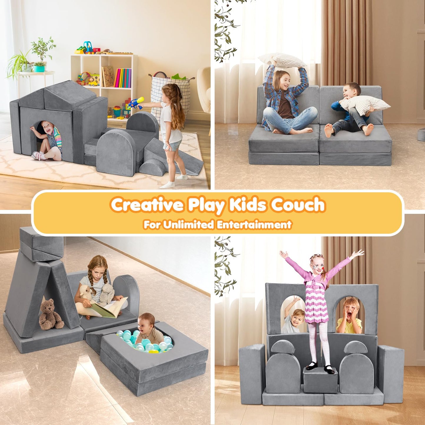 Aukdin Kids Couch 14PCS Modular Play Couch for Toddler Kids Playroom Bedroom, Nugget Couch Kids Boost Creativing Playing Sleeping Reading for Boys Girls Teens (Grey)