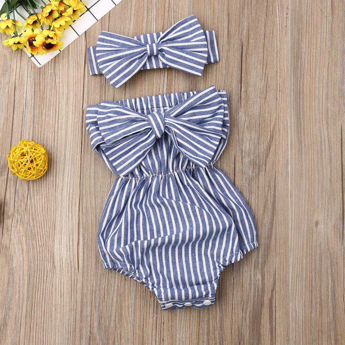 Newborn Kids Baby Girls Clothes Floral Jumpsuit Romper Playsuit + Headband Outfits (Blue Striped, 0-6 Months)