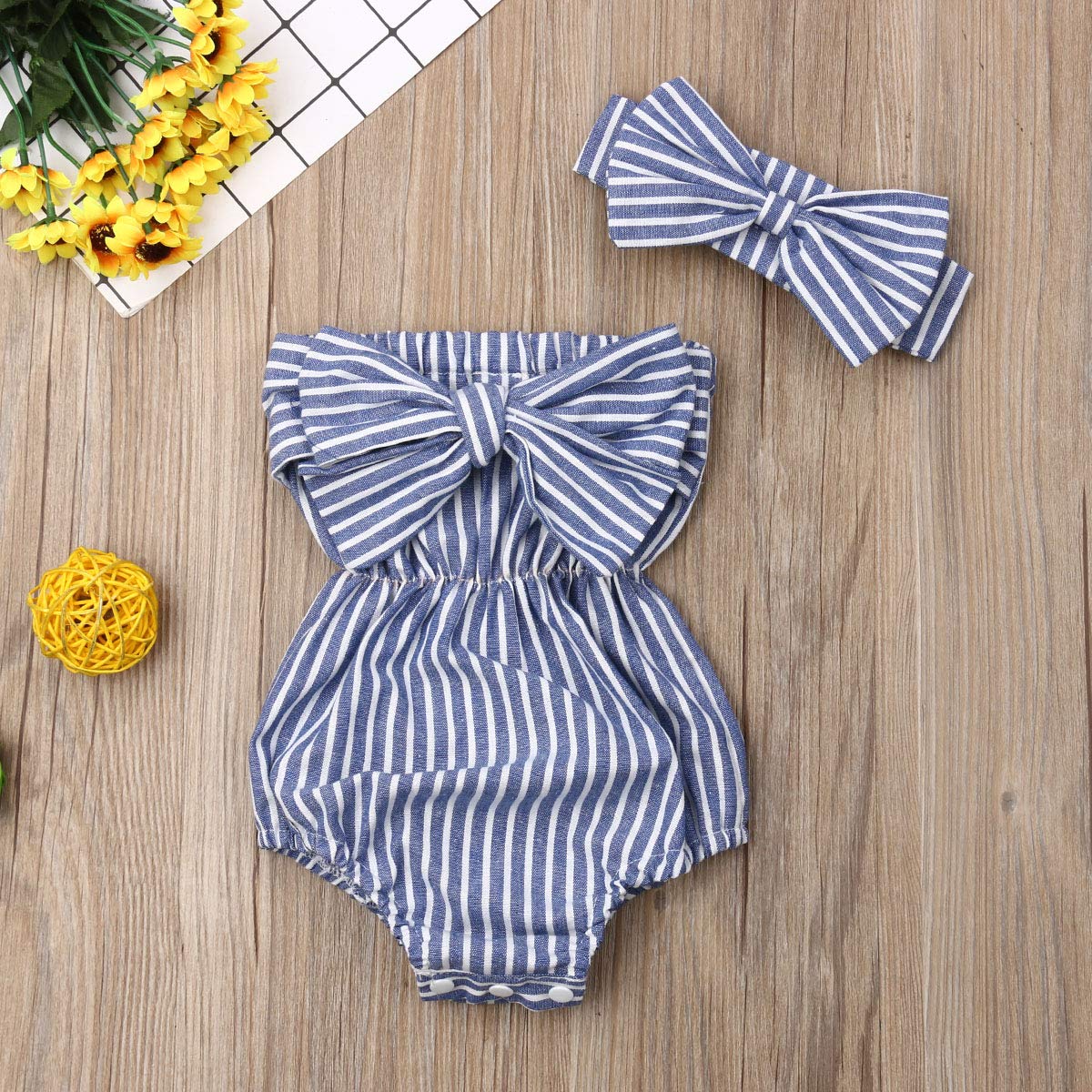 Newborn Kids Baby Girls Clothes Floral Jumpsuit Romper Playsuit + Headband Outfits (Blue Striped, 0-6 Months)