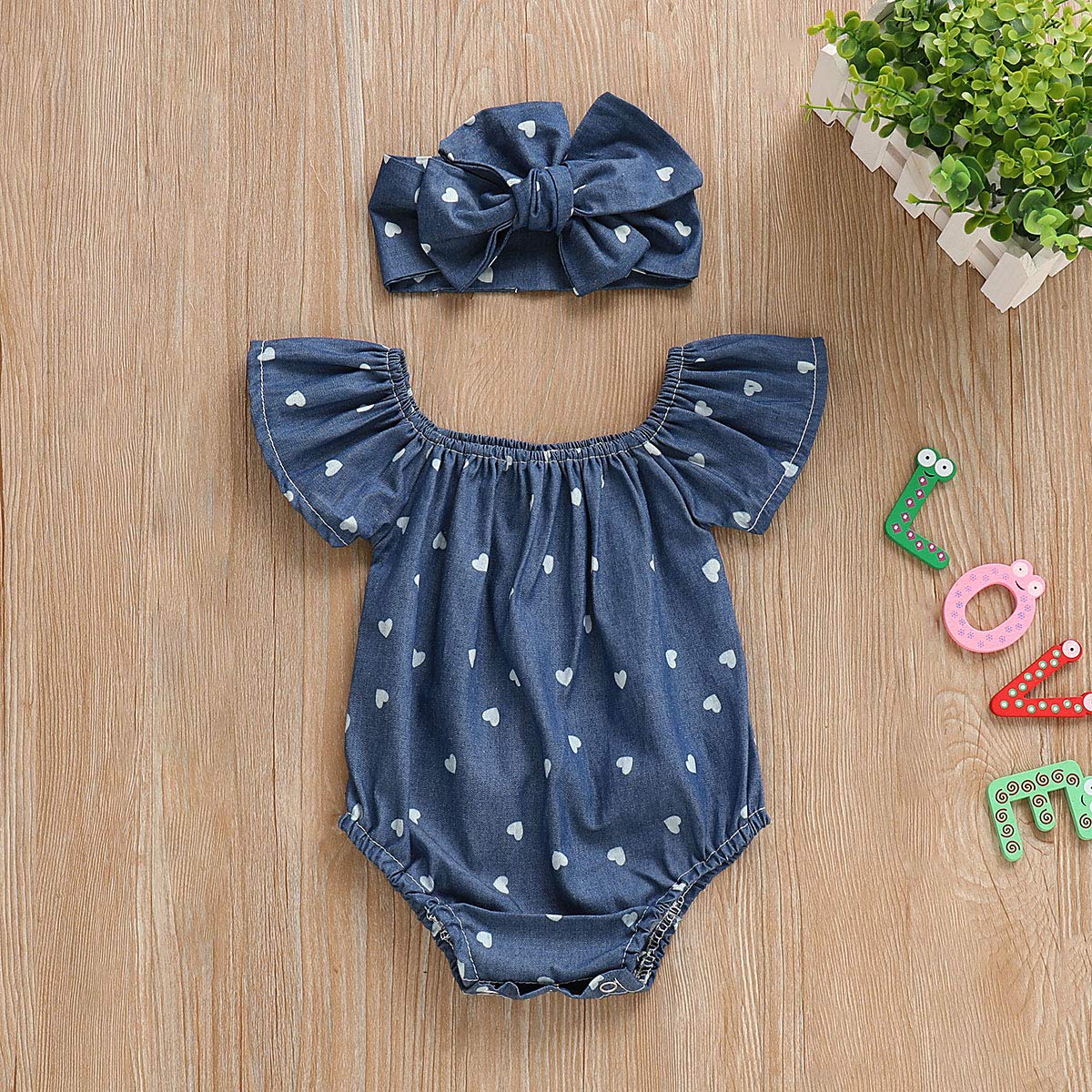 Newborn Kids Baby Girls Clothes Floral Jumpsuit Romper Playsuit + Headband Outfits (Blue Striped, 0-6 Months)