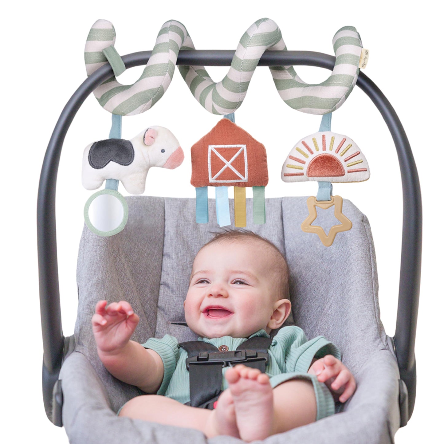 Itzy Ritzy Spiral Car Seat & Stroller Activity Toy - Stroller & Car Seat Toys for Ages 0 Months and Up - Hanging Toys Include Clinking Rings, Mirror and Textured Ribbons (Rainbow)