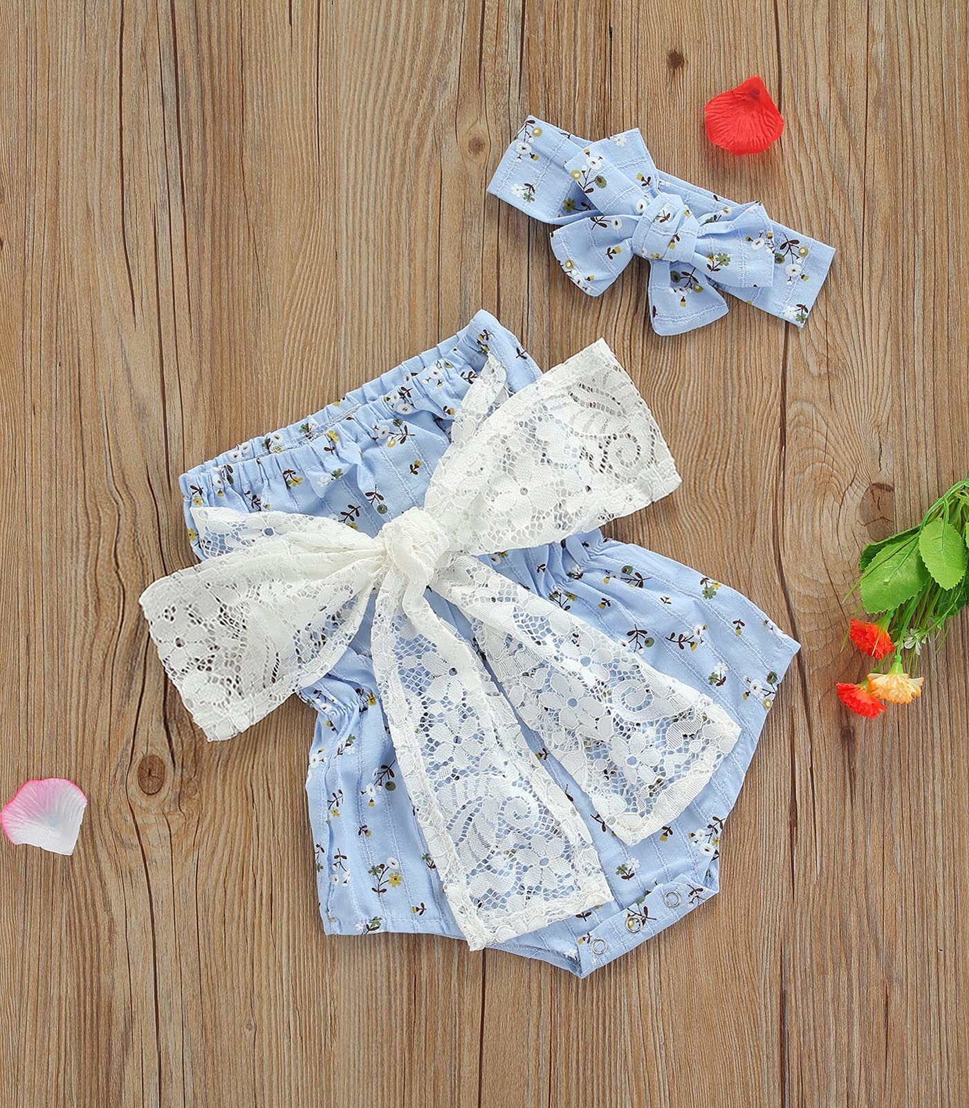 Newborn Kids Baby Girls Clothes Floral Jumpsuit Romper Playsuit + Headband Outfits (Blue Striped, 0-6 Months)