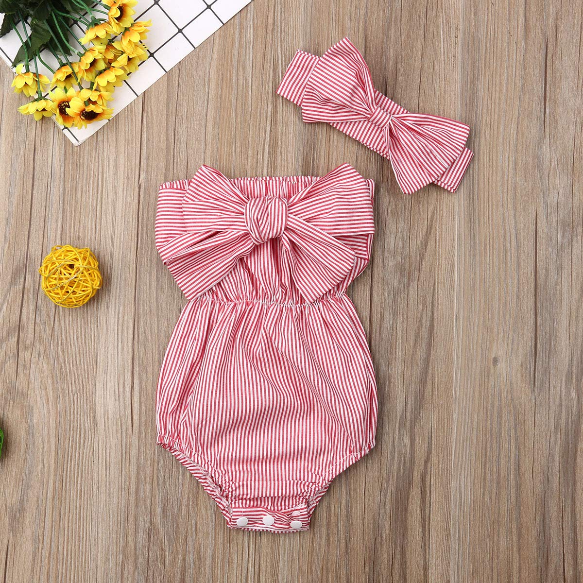 Newborn Kids Baby Girls Clothes Floral Jumpsuit Romper Playsuit + Headband Outfits (Blue Striped, 0-6 Months)