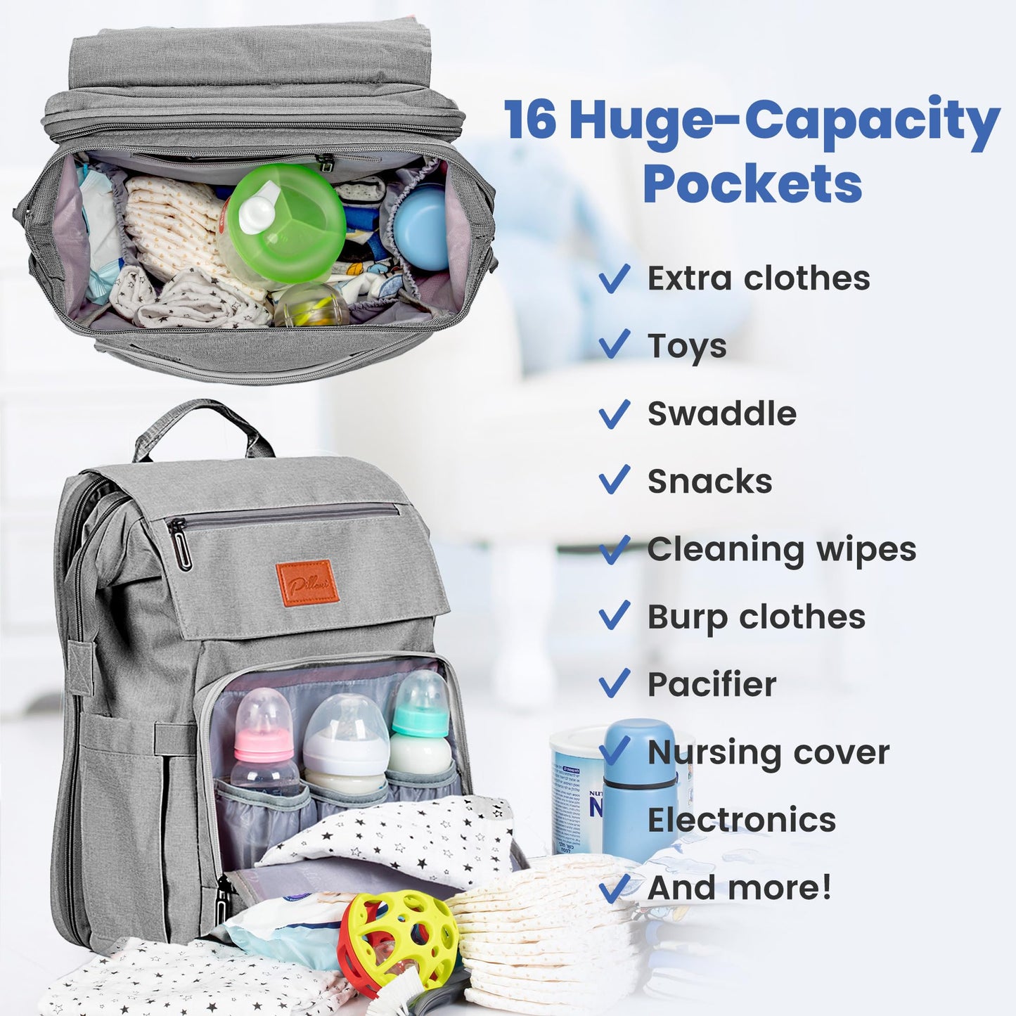 PILLANI Baby Diaper Bag Backpack - Baby Bag for Boys & Girls - Diaper Backpack - Large Travel Diaper Bags w/Changing Pad - Baby Registry Search & Shower Gifts Newborn Essentials & Items for Mom, Gray