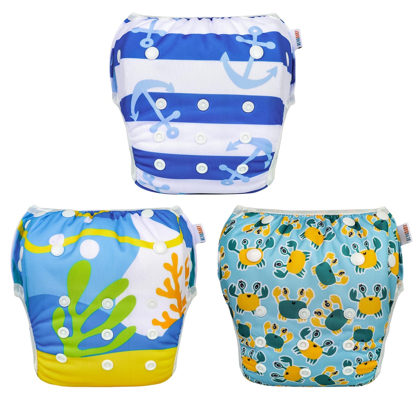 ALVABABY Swim Diapers 2pcs Baby & Toddler Snap One Size Reusable Adjustable Swim Diapers for Swim Classes SW09-10