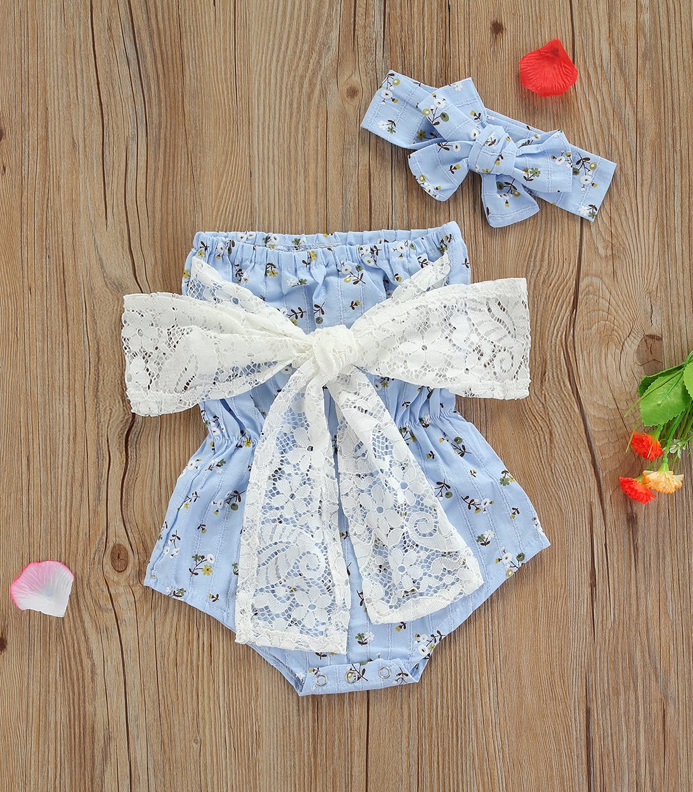 Newborn Kids Baby Girls Clothes Floral Jumpsuit Romper Playsuit + Headband Outfits (Blue Striped, 0-6 Months)