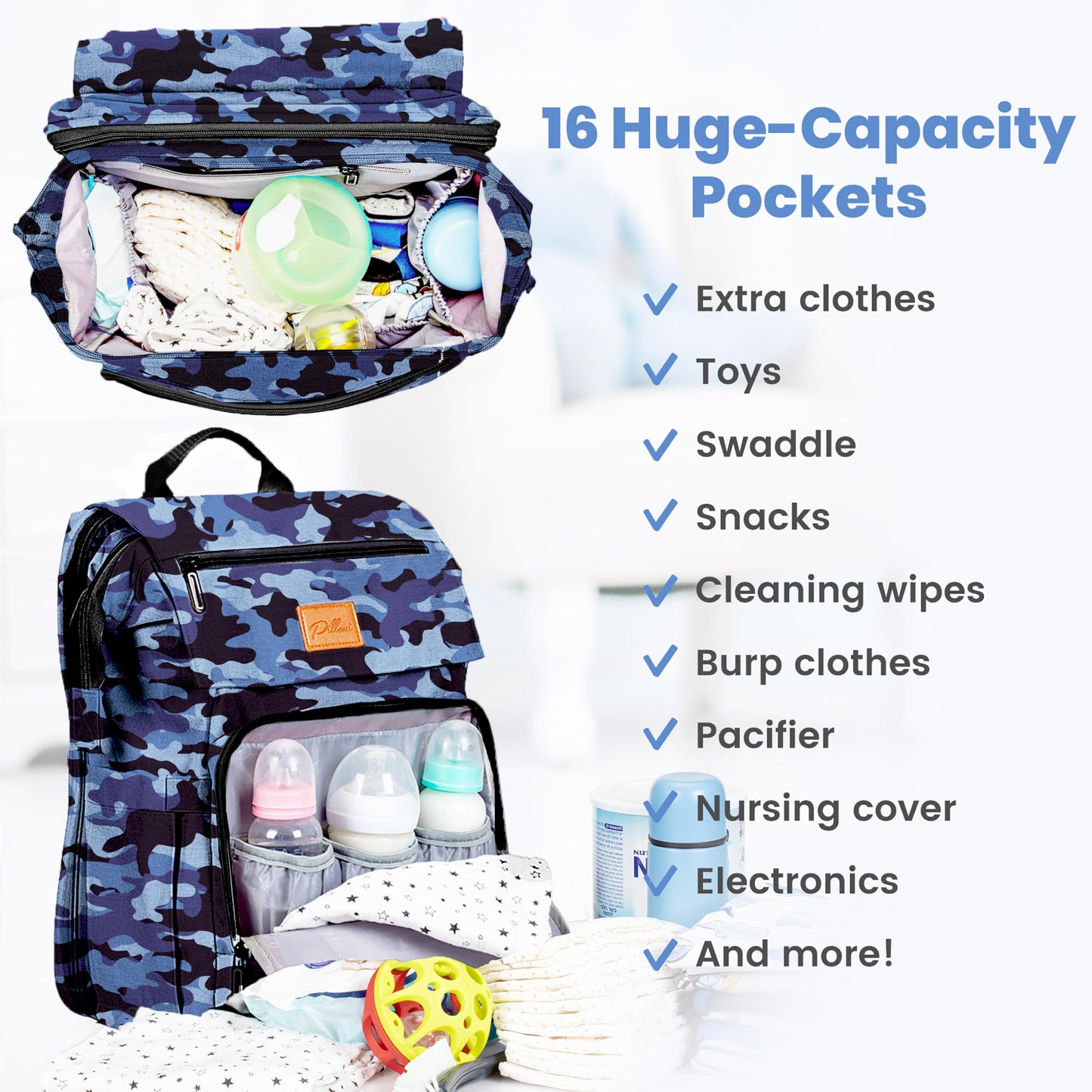 PILLANI Baby Diaper Bag Backpack - Baby Bag for Boys & Girls - Diaper Backpack - Large Travel Diaper Bags w/Changing Pad - Baby Registry Search & Shower Gifts Newborn Essentials & Items for Mom, Gray