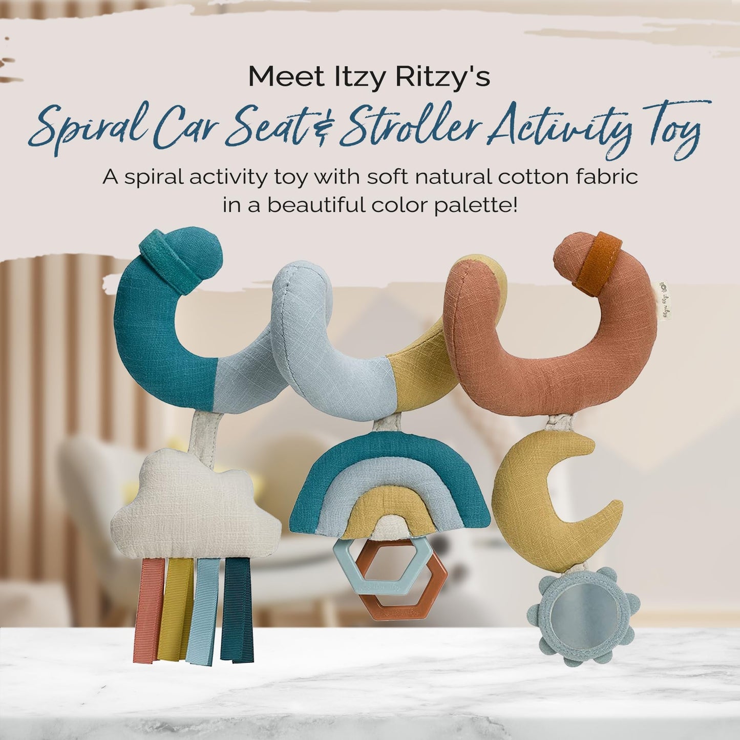 Itzy Ritzy Spiral Car Seat & Stroller Activity Toy - Stroller & Car Seat Toys for Ages 0 Months and Up - Hanging Toys Include Clinking Rings, Mirror and Textured Ribbons (Rainbow)