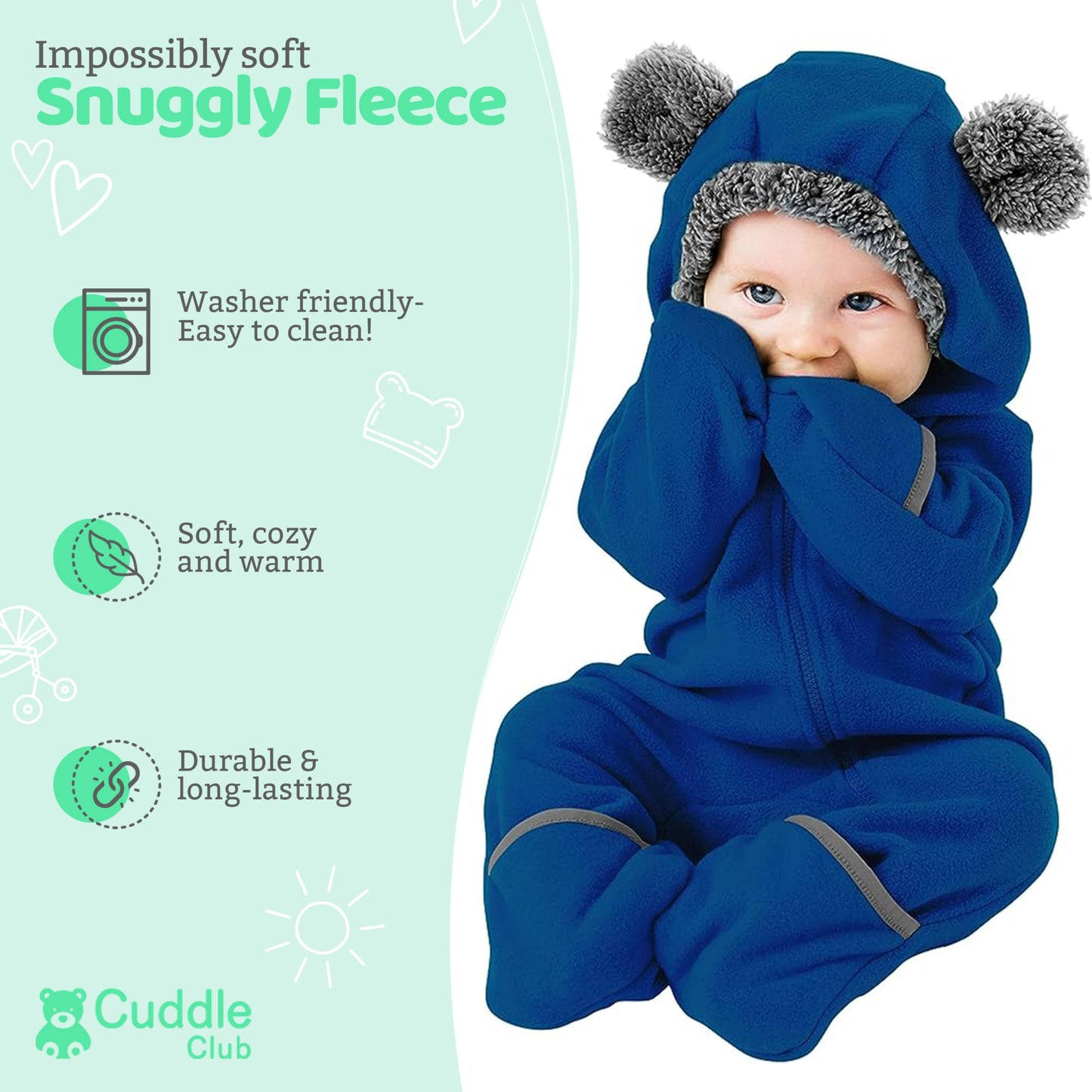 Fleece Baby Bunting Bodysuit – Infant One Piece Kids Hooded Romper Outerwear Toddler Jacket Bear - Purple 12-18 Months