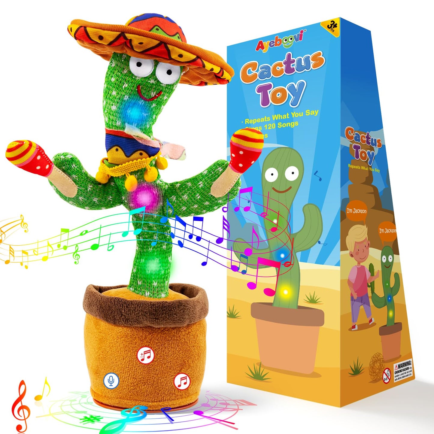 Ayeboovi Dancing Talking Cactus Baby Toy, Mimicking Recording Cactus Toy Repeats What You Say, Singing 120 Songs Toddler Toys Gifts for Birthday Pranks for Kids Autism Toys for 3 4 5 6+ Year Olds