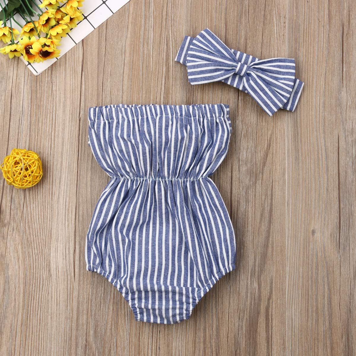 Newborn Kids Baby Girls Clothes Floral Jumpsuit Romper Playsuit + Headband Outfits (Blue Striped, 0-6 Months)