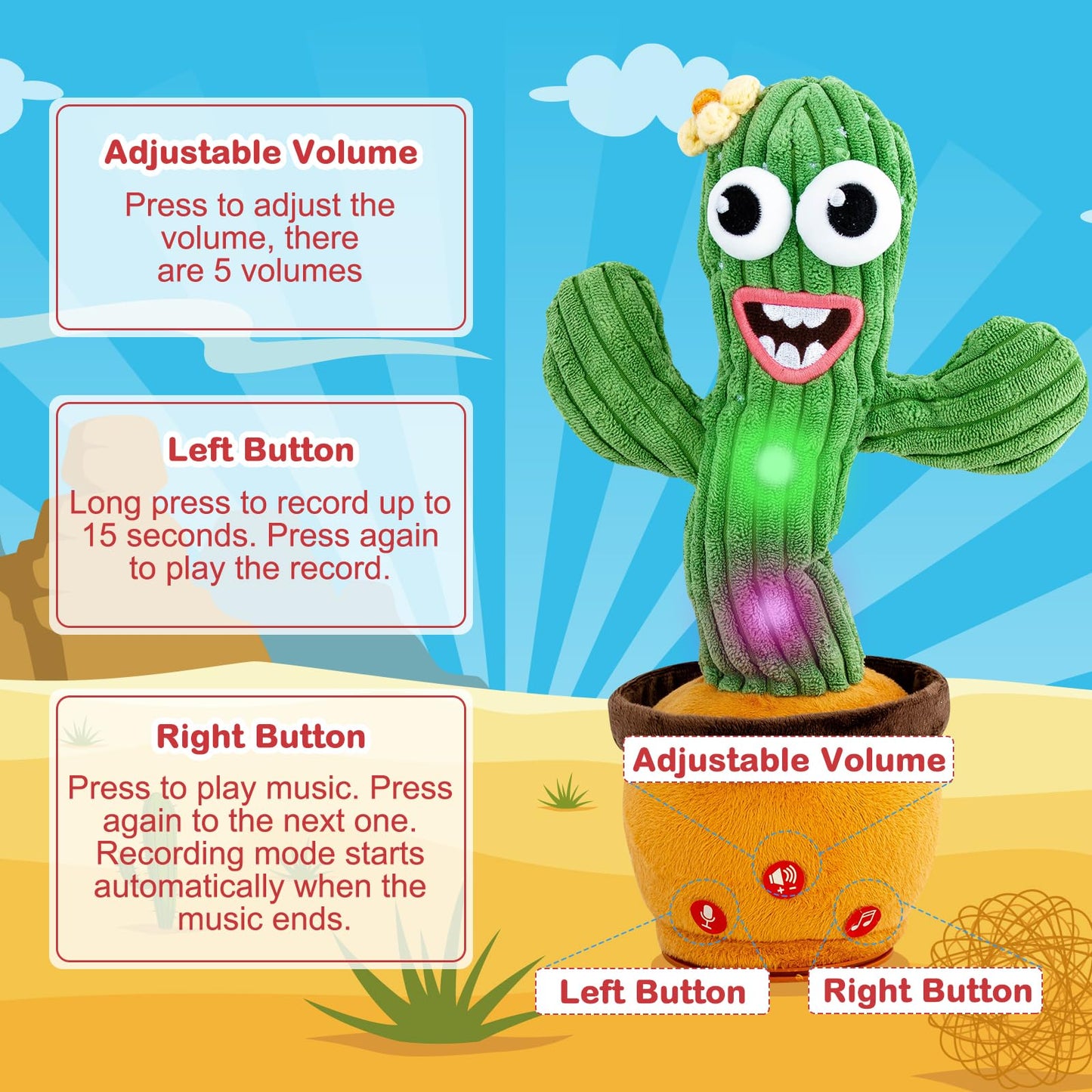 Ayeboovi Dancing Talking Cactus Baby Toy, Mimicking Recording Cactus Toy Repeats What You Say, Singing 120 Songs Toddler Toys Gifts for Birthday Pranks for Kids Autism Toys for 3 4 5 6+ Year Olds