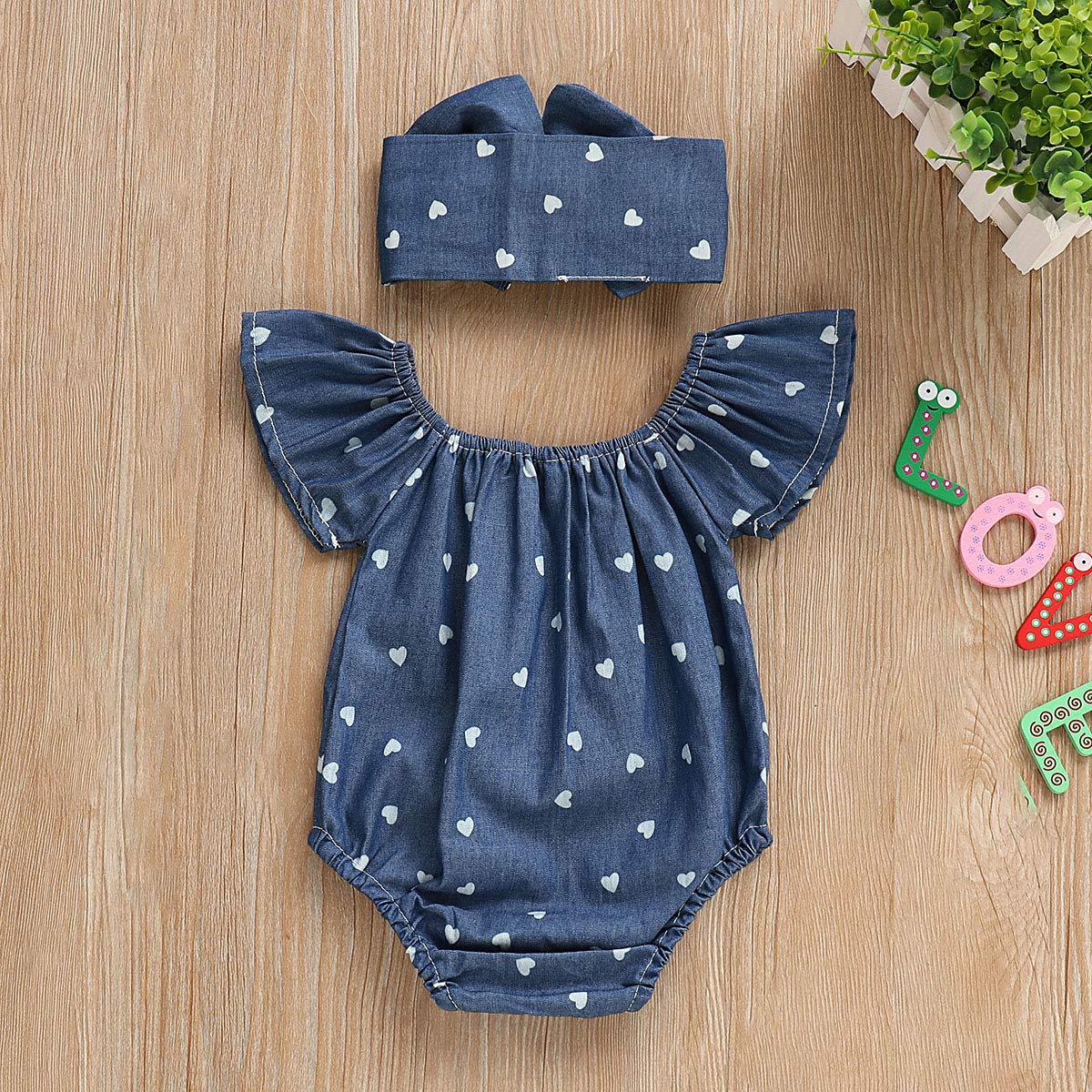 Newborn Kids Baby Girls Clothes Floral Jumpsuit Romper Playsuit + Headband Outfits (Blue Striped, 0-6 Months)