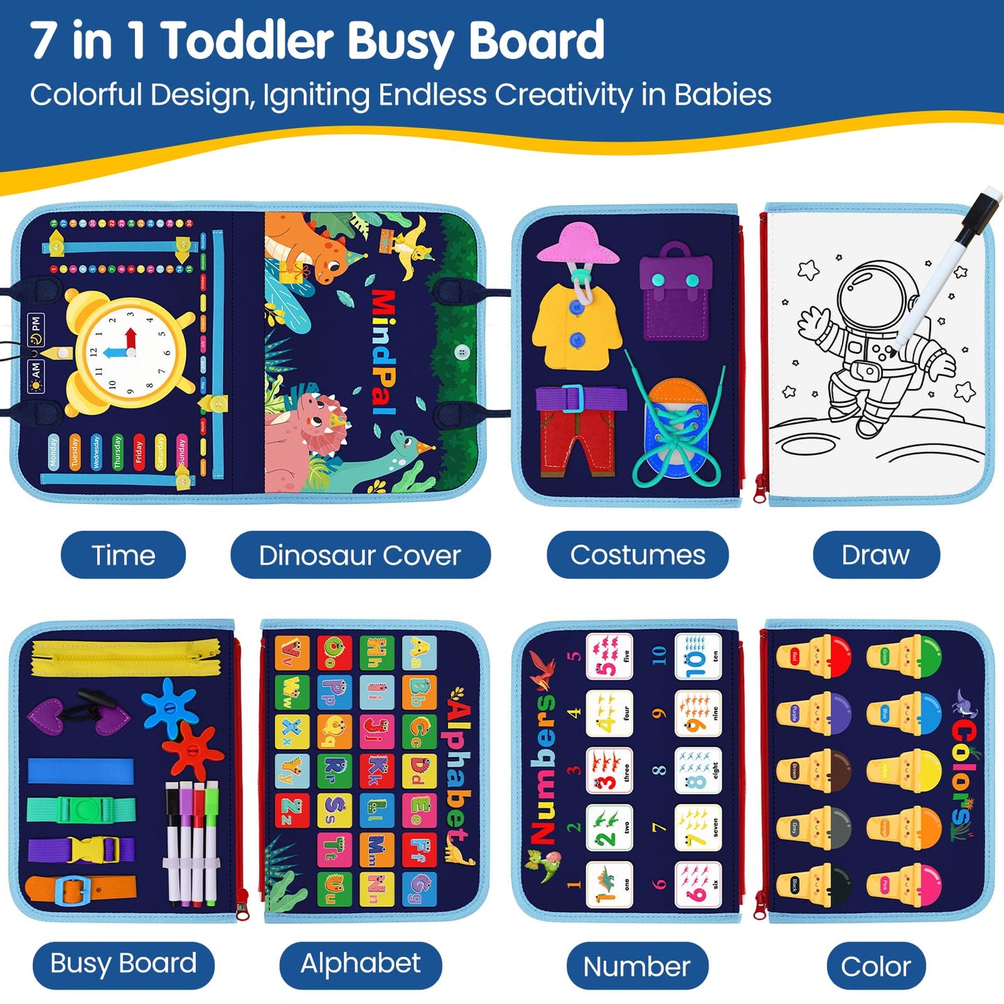 MindPal Busy Board, Montessori Toy for Over 3 Year Old, Toddlers Educational Activity Developing Sensory Board for Fine Basic Dress Motor Skills, Travel Toys for Plane Car, 3+ Years Boys Girls