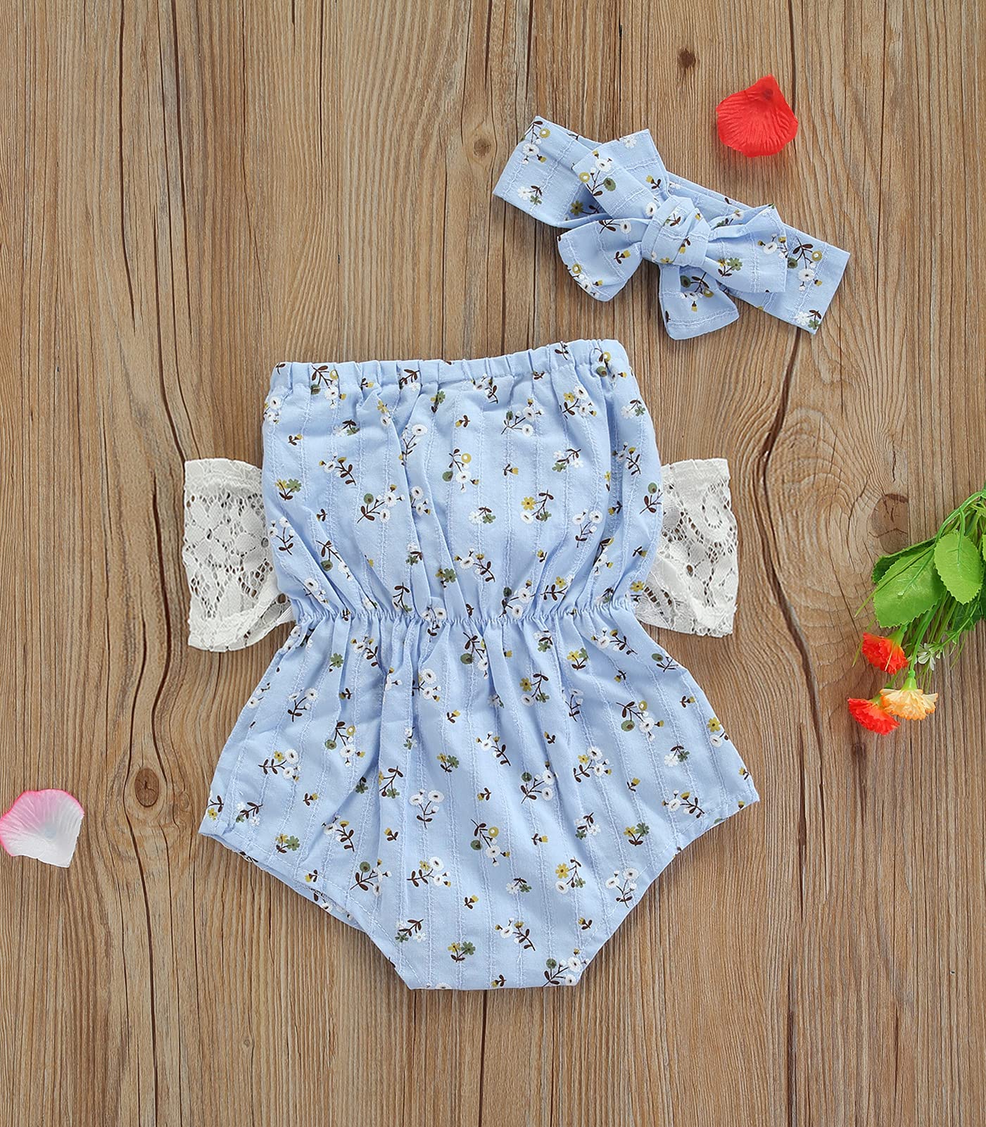 Newborn Kids Baby Girls Clothes Floral Jumpsuit Romper Playsuit + Headband Outfits (Blue Striped, 0-6 Months)